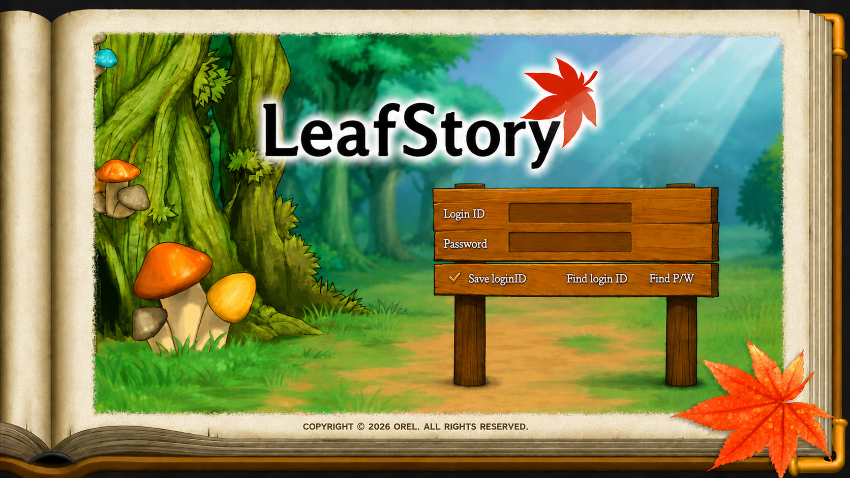 LeafStory title screen in a bright fantasy forest